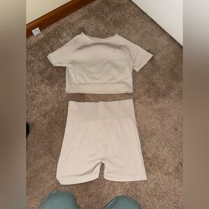 Beige Ribbed Two-Piece Workout Set